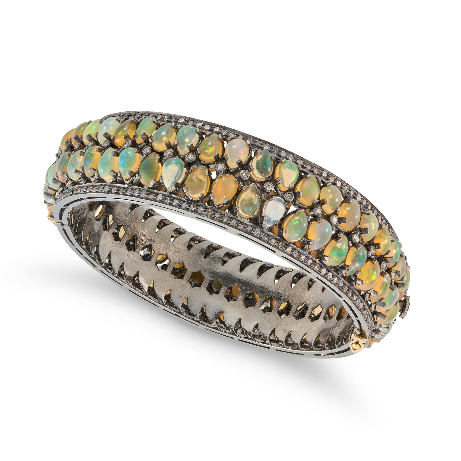 AN OPAL AND DIAMOND BANGLE the hinged bangle set with two rows of pear shaped cabochon opals (1 of 1)