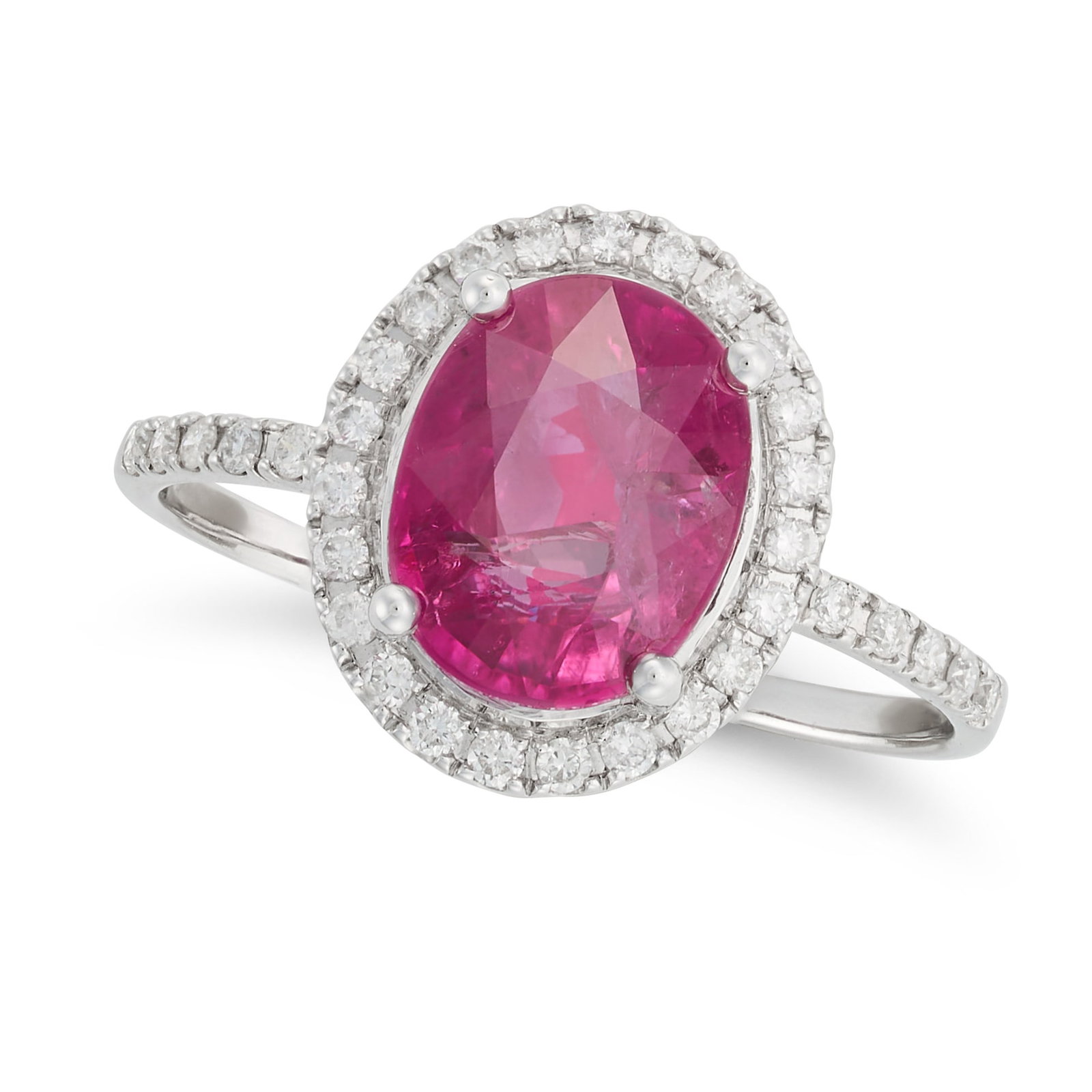 A RUBY AND DIAMOND CLUSTER RING set with an oval cut ruby of approximately 2.36 carats, in a cluster (1 of 1)
