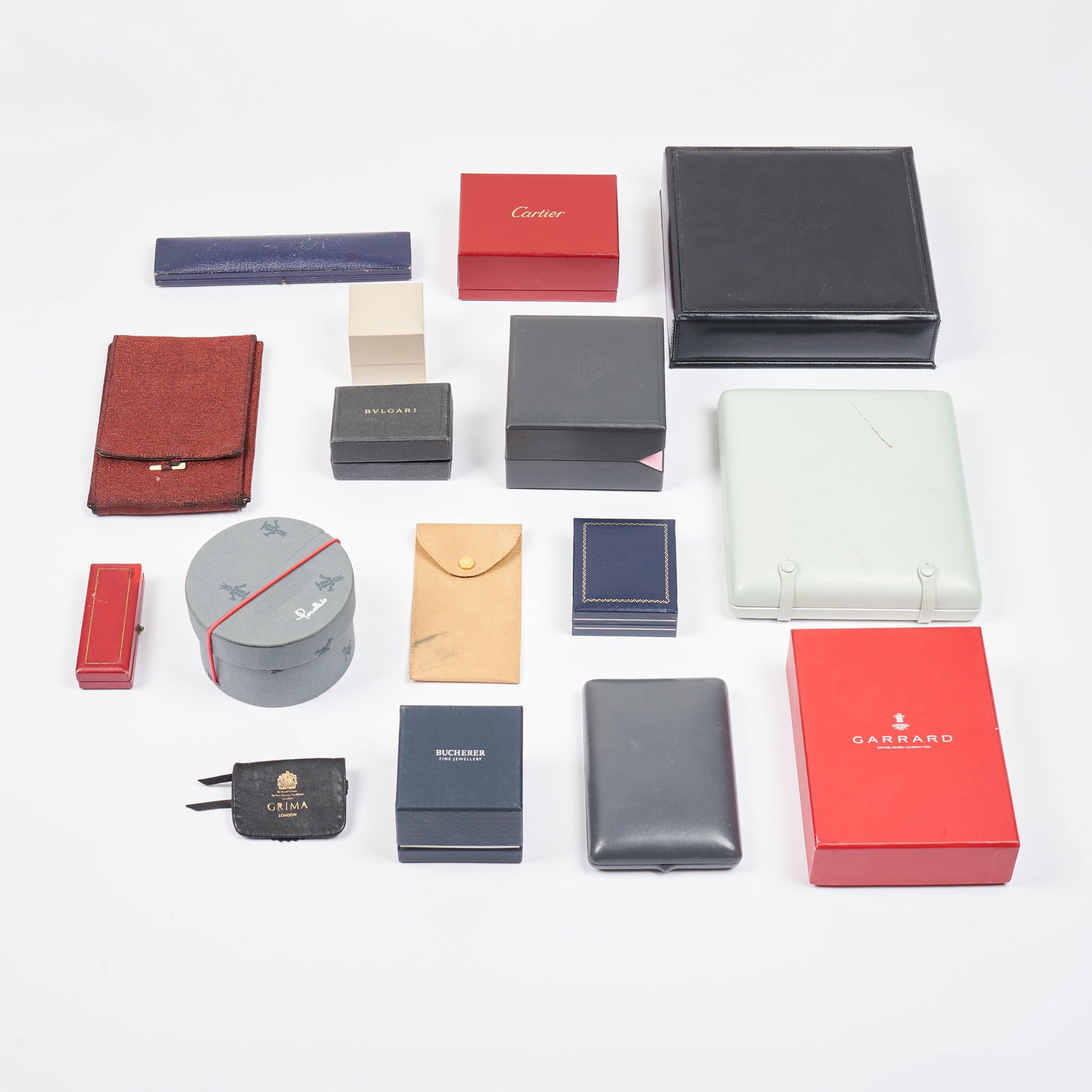 NO RESERVE - A COLLECTION OF SIGNED JEWELLERY BOXES including Garrard, Mikimoto, Mappin & Webb,: NO RESERVE - A COLLECTION OF SIGNED JEWELLERY BOXES including Garrard, Mikimoto, Mappin & Webb, Georg Jensen, Bulgari, David Morris, Cartier, Boodles, Pomellato, Chopard etc.