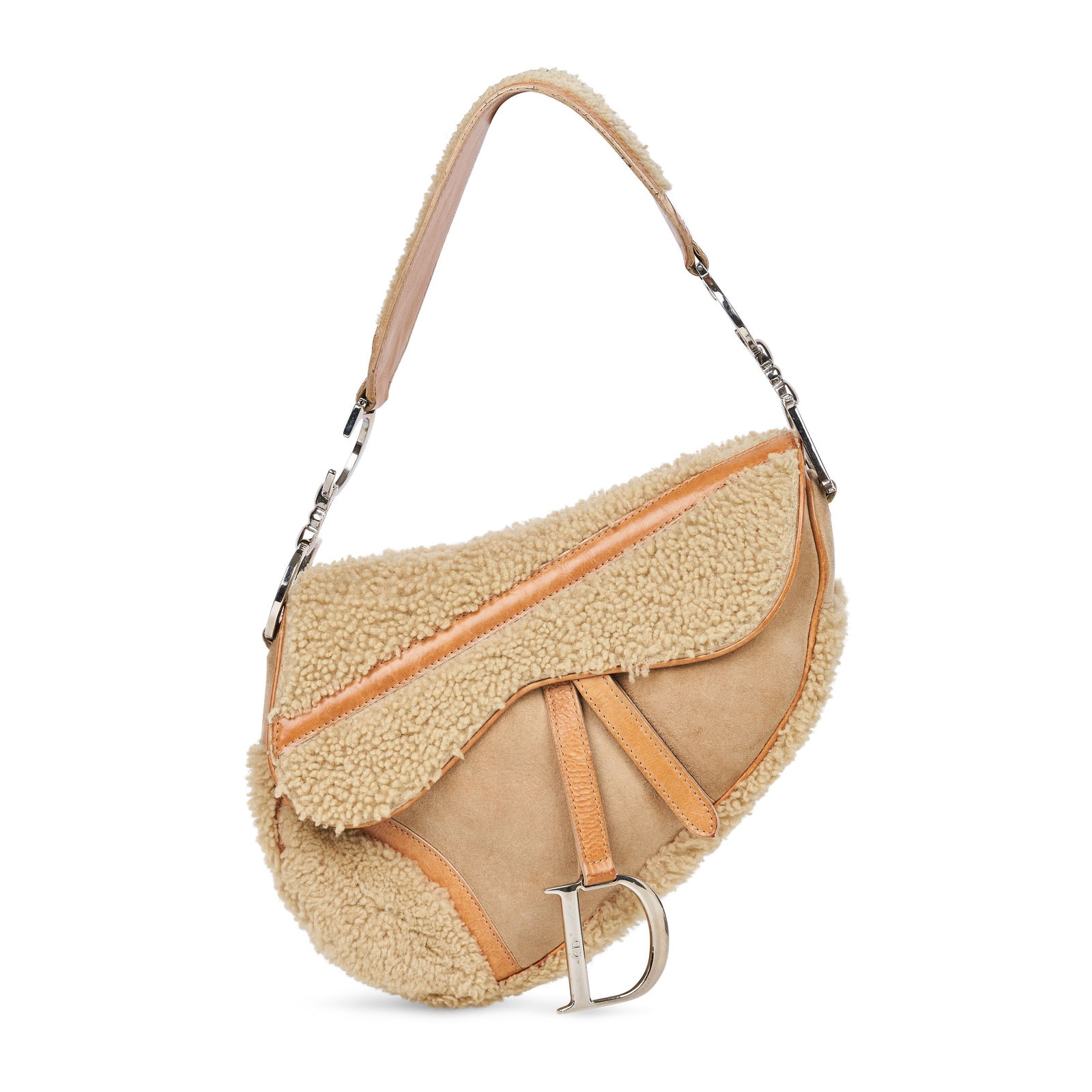 CHRISTIAN DIOR SHEARLING FLIGHT SADDLE BAG   Condition report B-.   Beige shearling, beige suede and (1 of 4)
