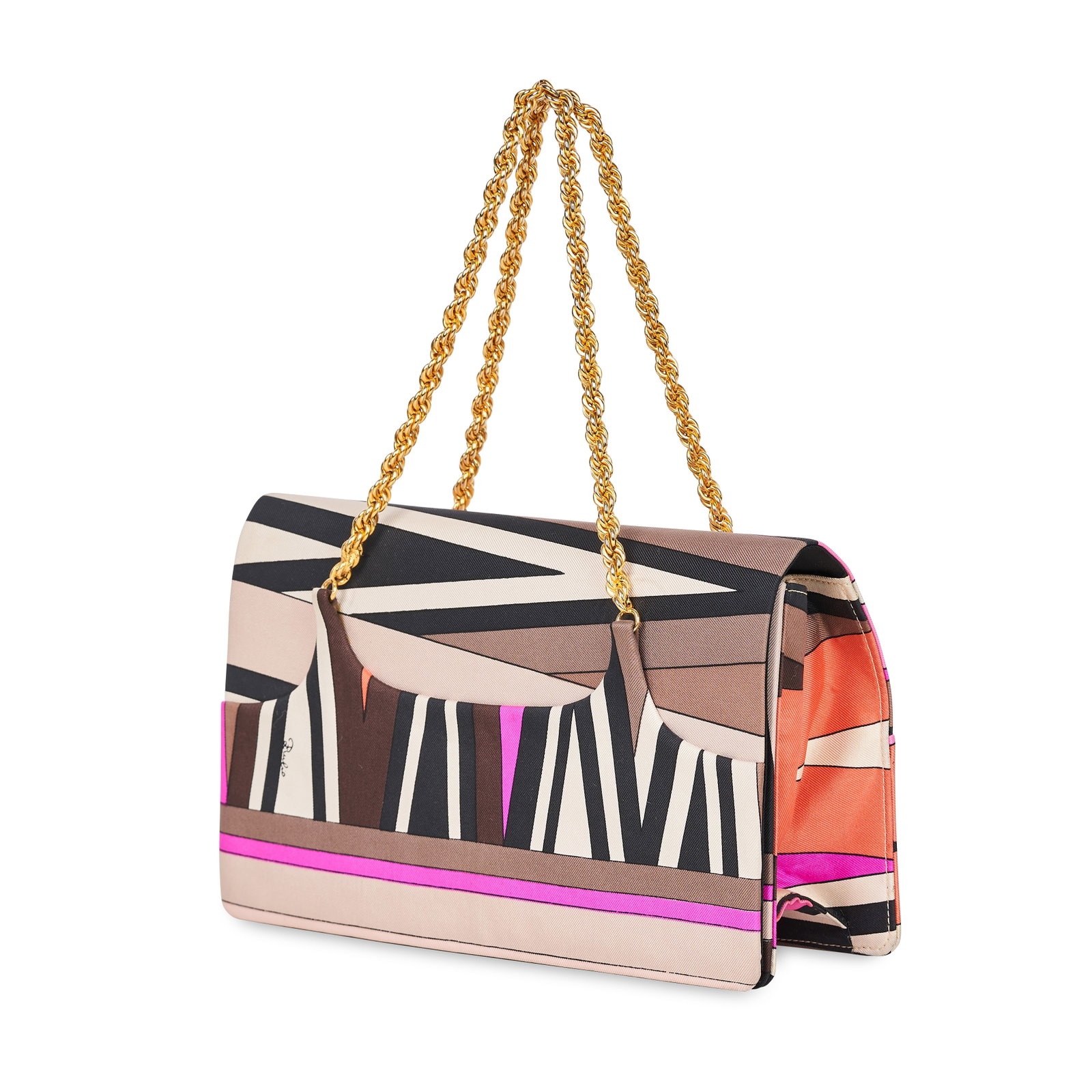PUCCI SILK EVENING PURSE Condition grade C. Multicolour silk exterior with gold tone chain: PUCCI SILK EVENING PURSE Condition grade C. Multicolour silk exterior with gold tone chain handles. Dome closure opens to black silk lined interior with a slip pocket. Gold tone hardware. 23.5cm long,