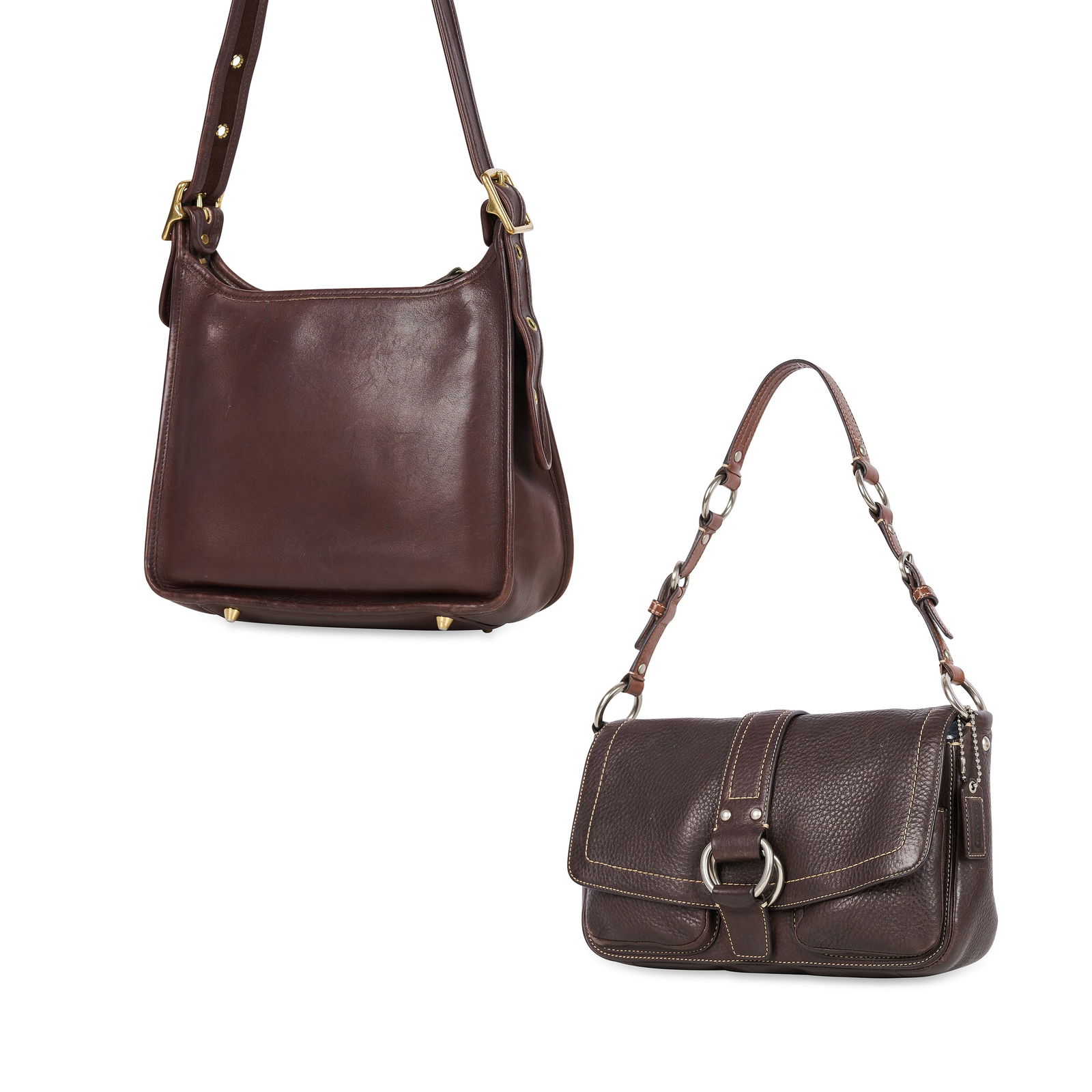 SET OF TWO COACH BROWN LEATHER BAGS   Condition grade C+.   Coach Dark Brown Grained Leather Bag. (1 of 8)