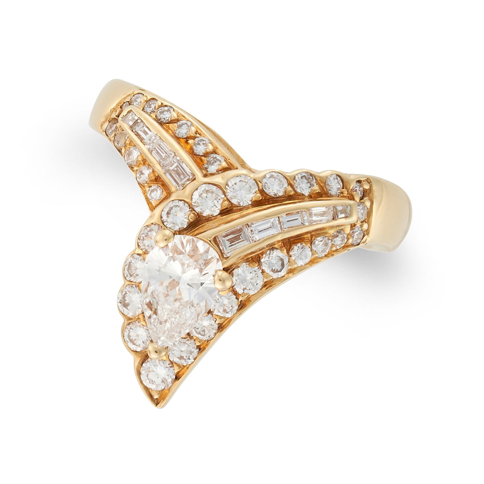 GRAFF, A DIAMOND DRESS RING, 1987 in 18ct yellow gold, set with a pear cut diamond accented by round (1 of 2)
