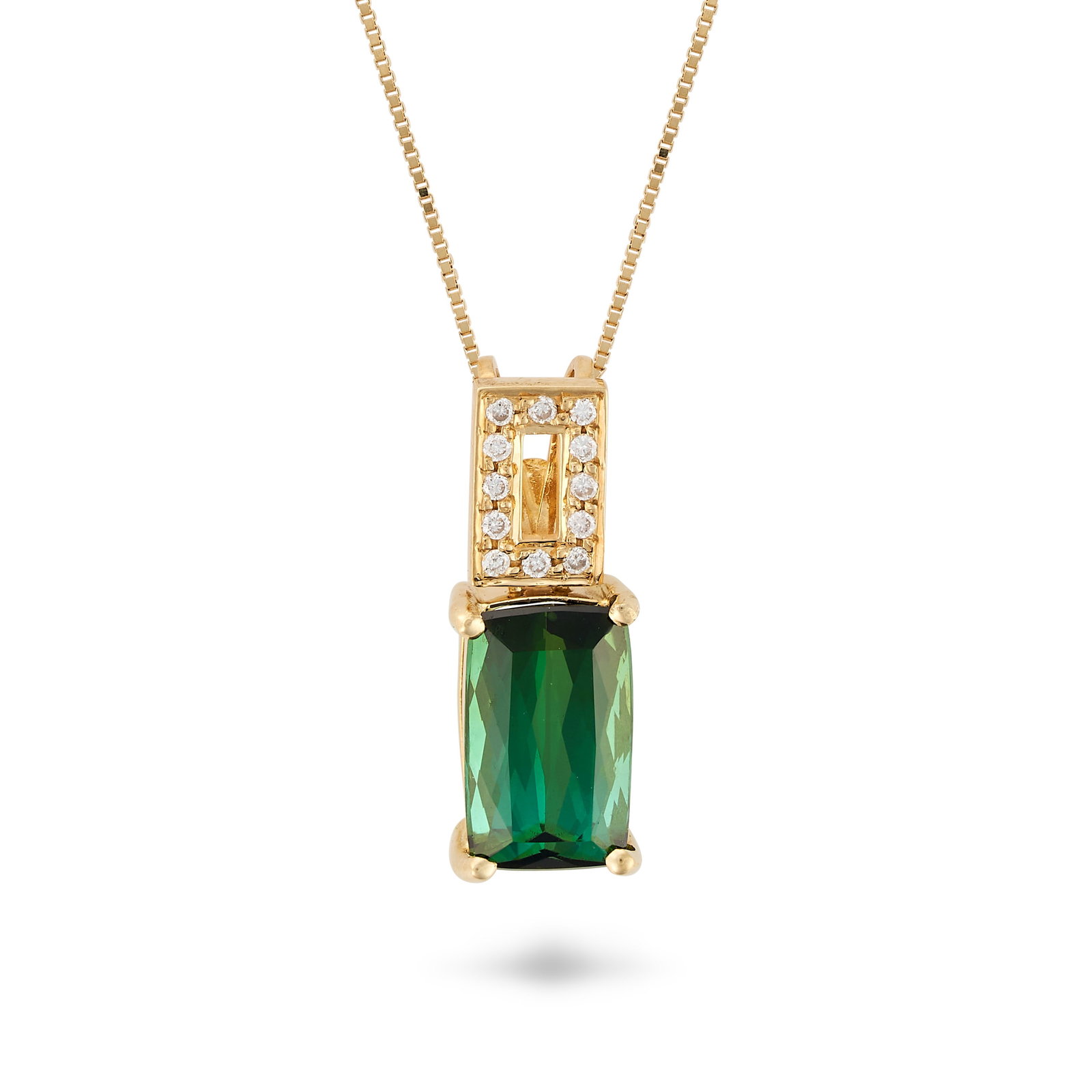 A GREEN TOURMALINE AND DIAMOND PENDANT NECKLACE the pendant set with a fancy cut green tourmaline of (1 of 1)