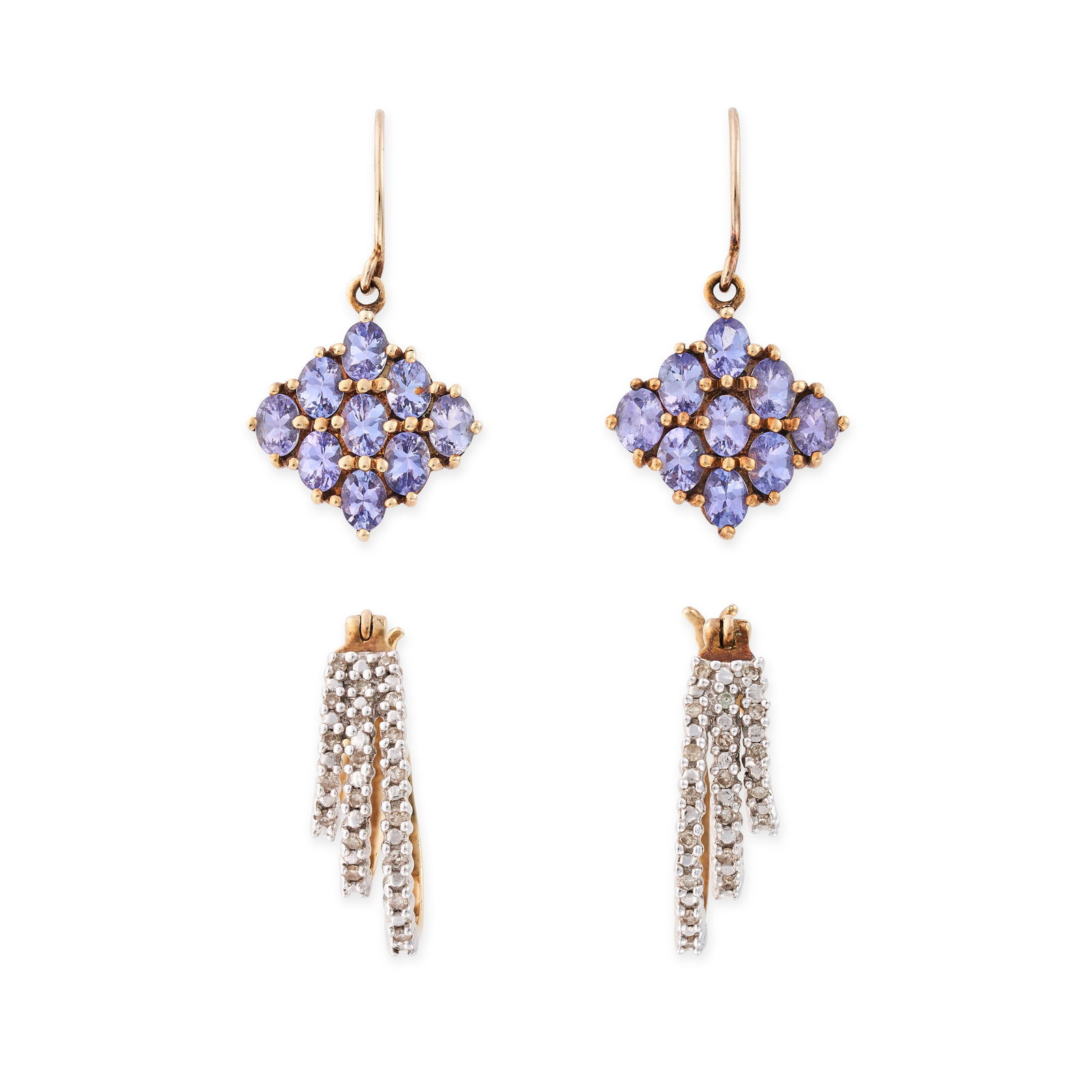 NO RESERVE - TWO PAIRS OF EARRINGS comprising a pair of diamond hoop earrings, stamped 9K, 2.1cm, (1 of 2)