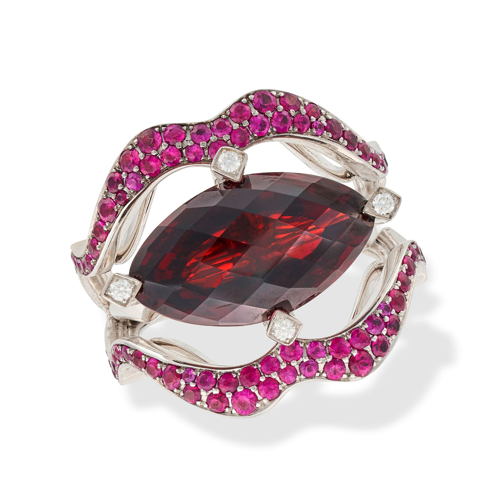 STEPHEN WEBSTER, A GARNET, RUBY AND DIAMOND LIPS STACKING RING in 18ct white gold, the central ring: STEPHEN WEBSTER, A GARNET, RUBY AND DIAMOND LIPS STACKING RING in 18ct white gold, the central ring detachable from the lip shaped mount, set with a marquise shaped faceted garnet, the lips set with r