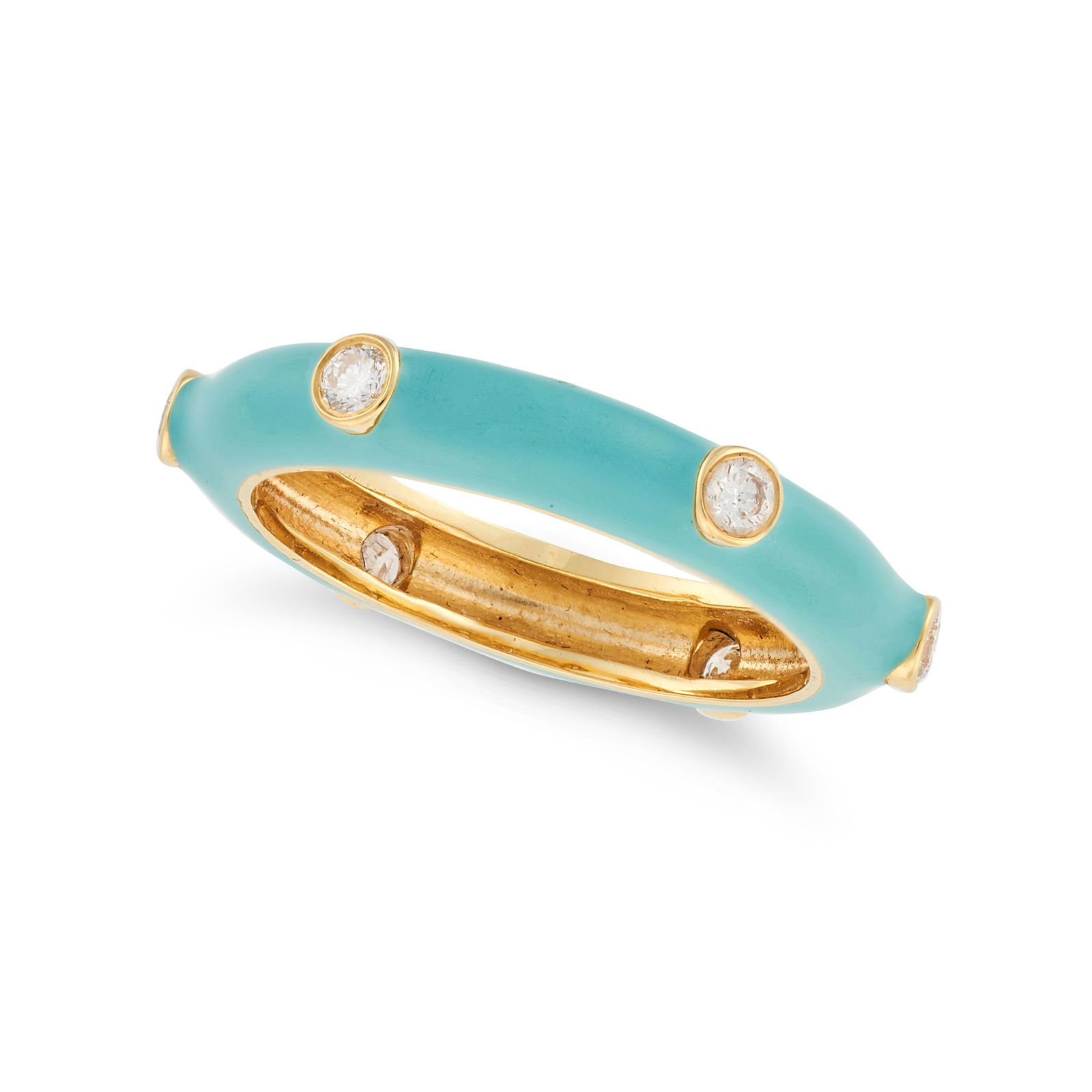 AN ENAMEL AND DIAMOND RING the turquoise enamel band set with round brilliant cut diamonds, stamped (1 of 1)