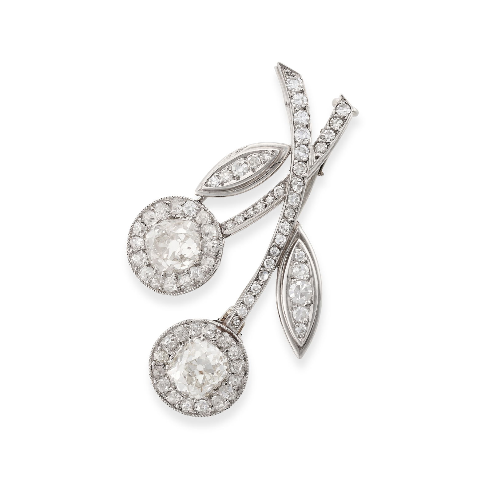 MELLERIO, A DIAMOND FLOWER BROOCH in platinum and 18ct white gold, designed as a floral spray set: MELLERIO, A DIAMOND FLOWER BROOCH in platinum and 18ct white gold, designed as a floral spray set with old and single cut diamonds, the two principal diamonds weighing approximately 0.63 carats and 0.