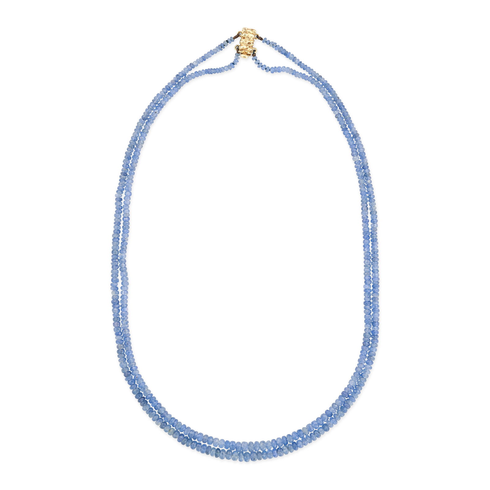 A SAPPHIRE BEAD NECKLACE comprising two rows of faceted sapphire beads, stamped 585, 46.0cm, 24.8g. (1 of 1)