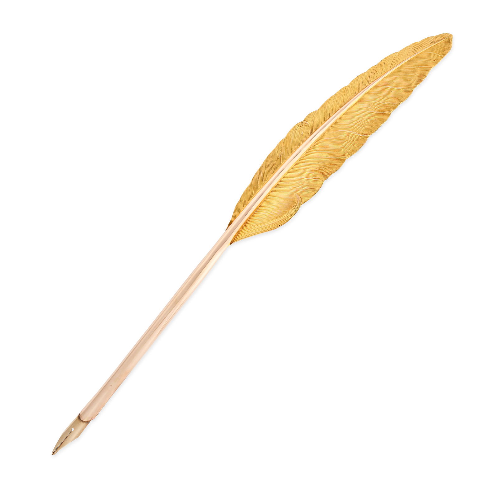 AN ANTIQUE GOLD QUILL designed as a feather, no assay marks, 21.2cm, 8.8g. Accompanied by a fitted: AN ANTIQUE GOLD QUILL designed as a feather, no assay marks, 21.2cm, 8.8g. Accompanied by a fitted case.