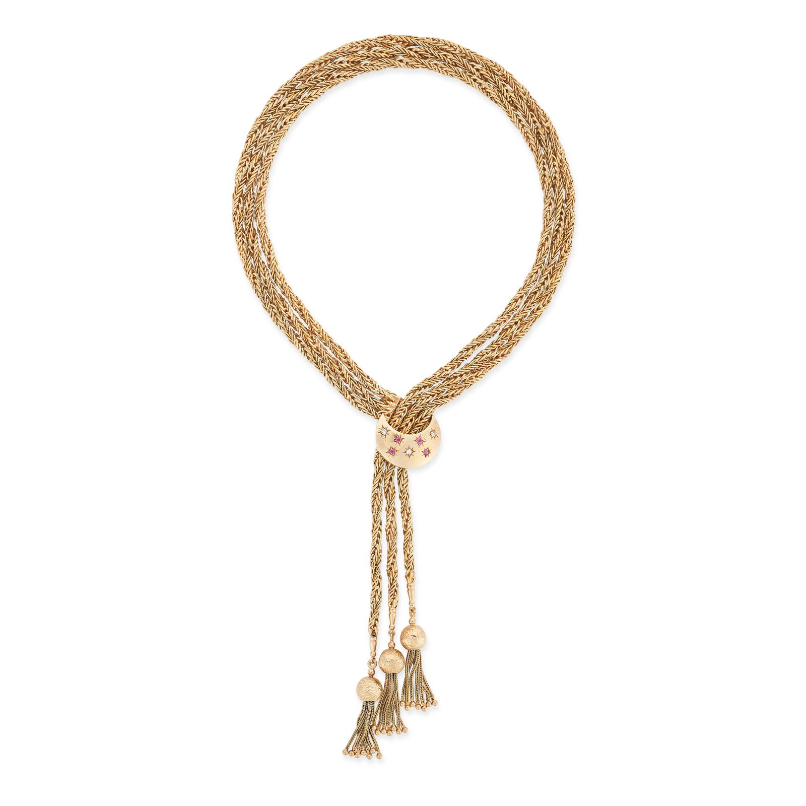A VINTAGE RUBY AND DIAMOND CRESCENT MOON TASSEL NECKLACE in 9ct yellow gold, comprising three rows (1 of 1)