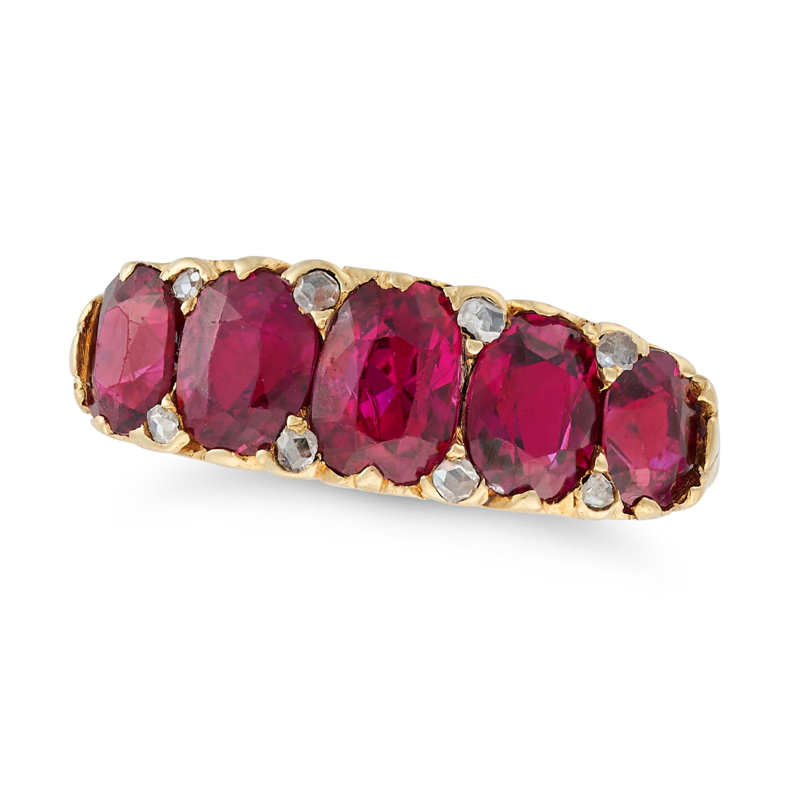 AN ANTIQUE UNHEATED RUBY AND DIAMOND RING in yellow gold, set with five graduated cushion cut rubies (1 of 2)