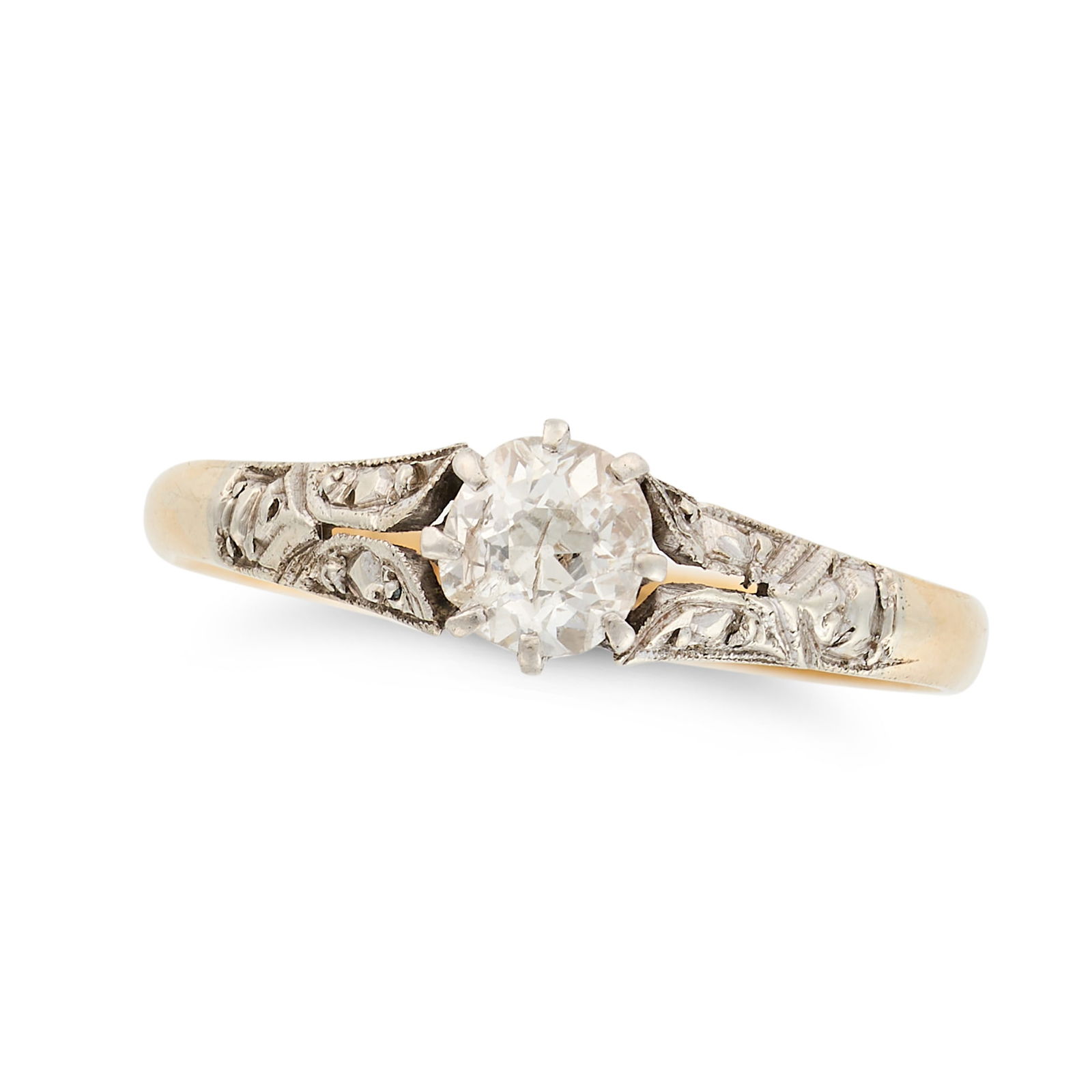 AN ANTIQUE SOLITAIRE DIAMOND RING in 18ct yellow gold and platinum, set with an old cut diamond, (1 of 1)