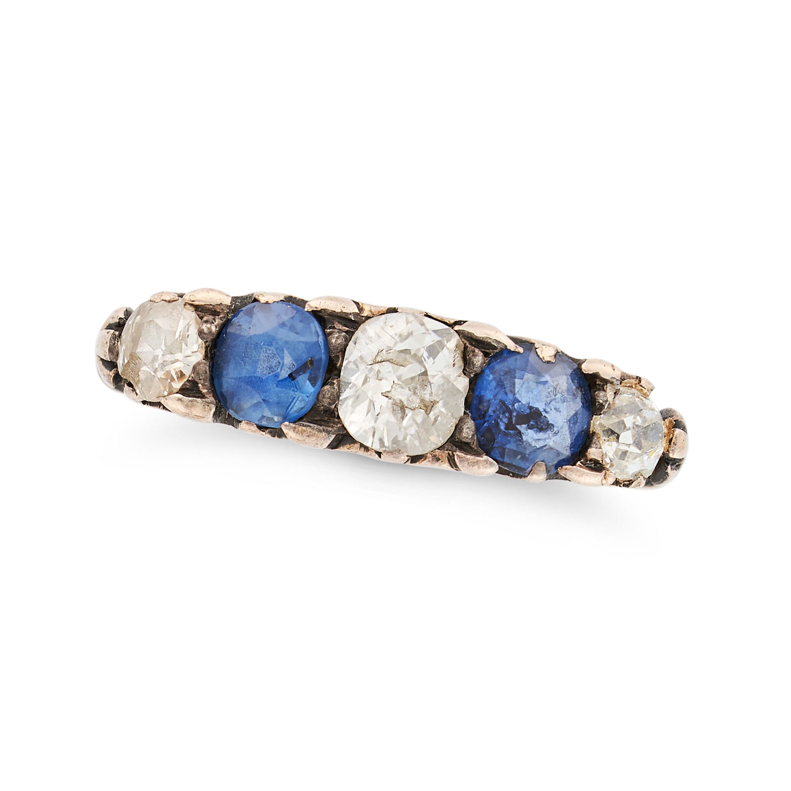 AN ANTIQUE SAPPHIRE AND DIAMOND RING set with three old cut diamonds and two round cut sapphires, no (1 of 1)