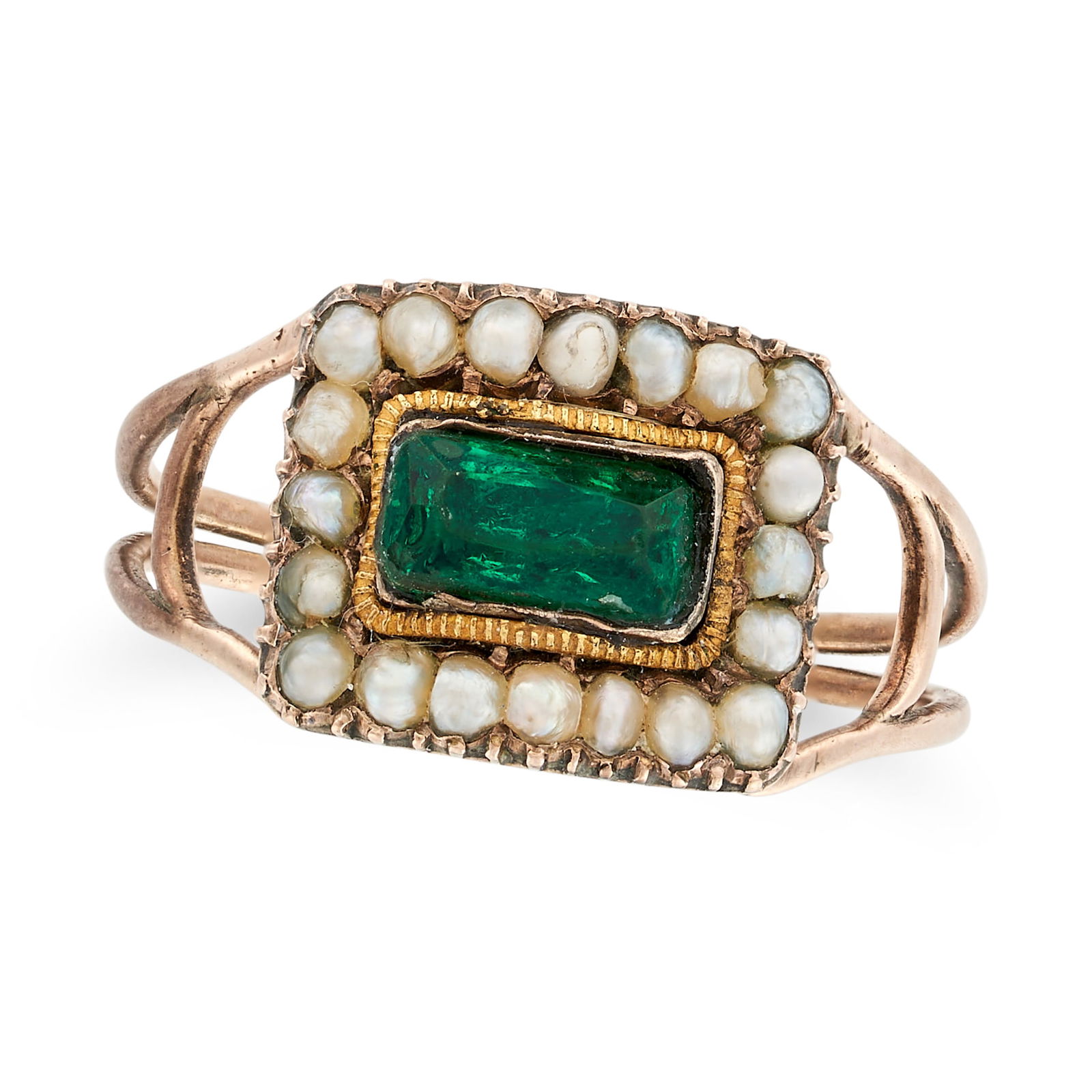 AN ANTIQUE GEORGIAN GREEN PASTE AND SEED PEARL RING set with a green paste stone in a border of seed (1 of 1)
