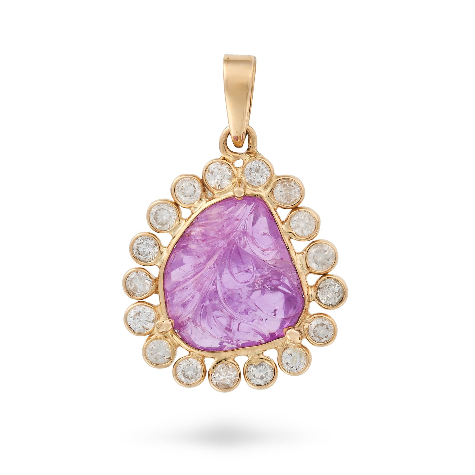 A CARVED RUBY AND DIAMOND PENDANT set with a ruby carved with a foliate design, in a border of round (1 of 1)