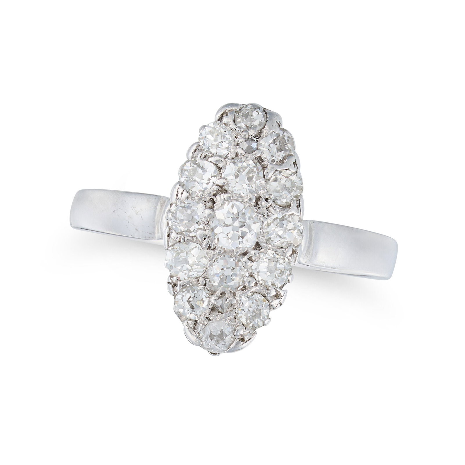 A DIAMOND NAVETTE RING in platinum, the navette face pave set with old cut diamonds, partial British: A DIAMOND NAVETTE RING in platinum, the navette face pave set with old cut diamonds, partial British hallmarks, size O1/2 / 7.5, 5.8g.