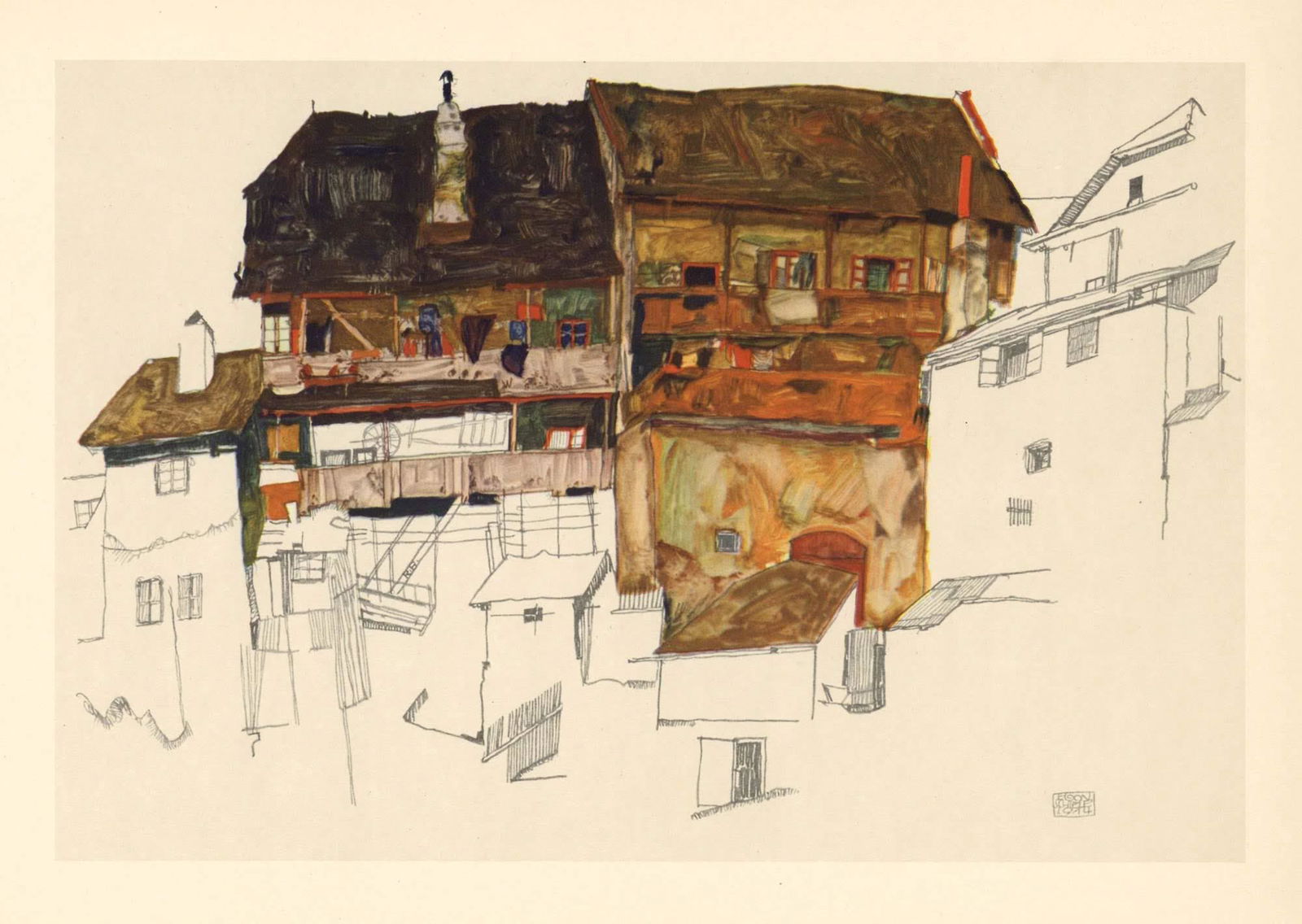 Egon Schiele Old Houses in Krumau: 1950, Offset lithograph, . full sheet size is 9 1/4 x 13 1/2 inches. Offset lithograph (after the watercolor). Printed in Vienna in 1950 by the âˆšÃ±sterreichische Staatsdruckerei (Austrian State