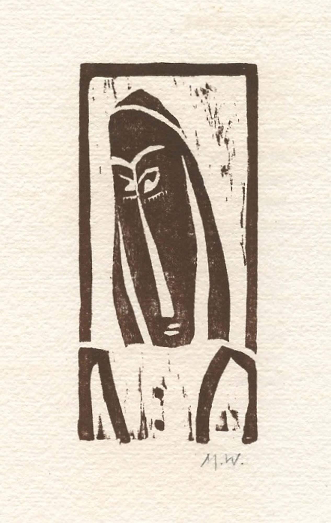 Max Weber Primitives: 1926, woodcut, 350. image measures 4 1/4 x 2 inches. woodcut. Executed by Max Weber in 1926 for his art and poetry project "Primitives", published in New York in a limited edition of 350. The image me