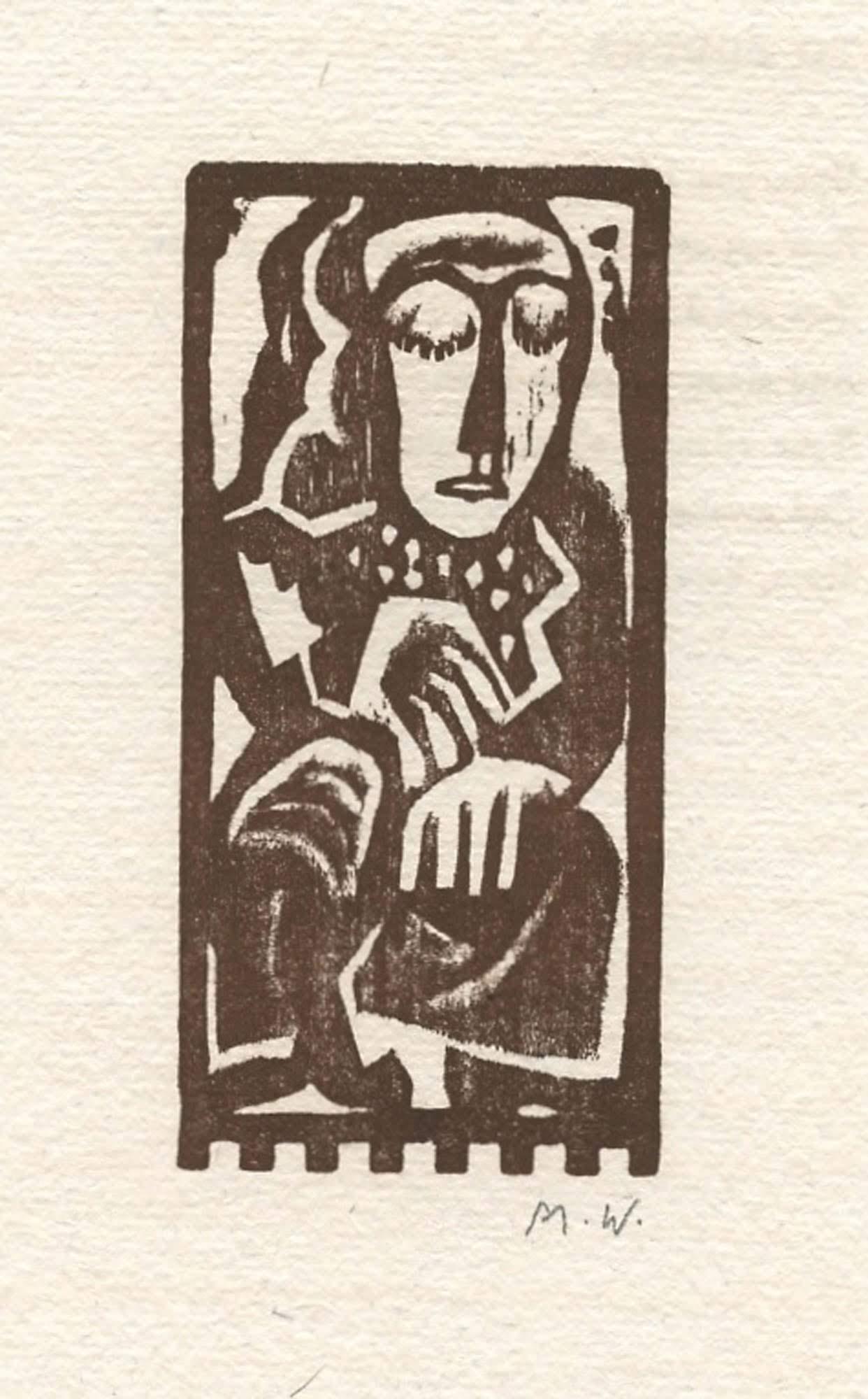 Max Weber Primitives: 1926, woodcut, 350. image measures 4 1/4 x 2 inches. woodcut. Executed by Max Weber in 1926 for his art and poetry project "Primitives", published in New York in a limited edition of 350. The image me