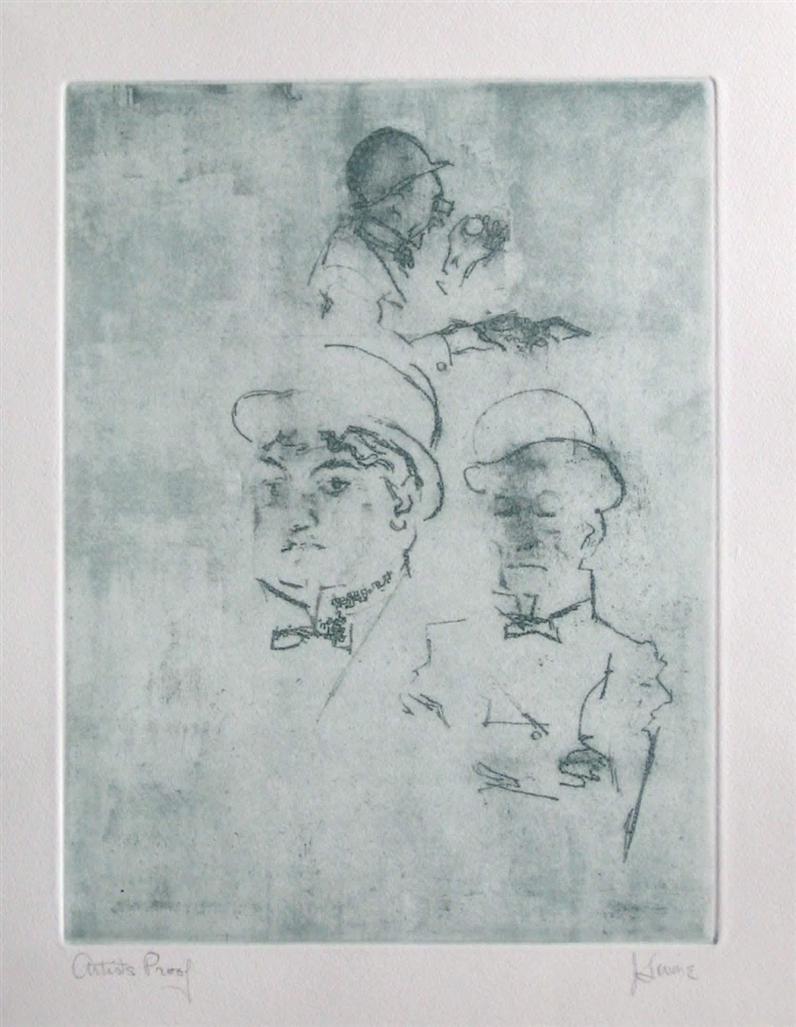 Jack Levine Thieves: 1967, original etching, . Plate size 11 3/4 x 8 3/4 inches,. original soft ground etching, signed in pencil and annotated "Artist's Proof". This etching was executed in 1967 for the "Dreigroschen Film