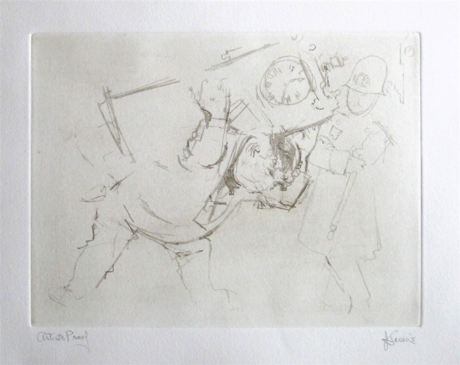 Jack Levine Gift: 1967, original soft ground etching, . Plate size 8 3/4 x 11 3/4 inches. original soft ground etching, signed in pencil and annotated "Artist's Proof". This etching was executed in 1967 for the "Dreigr