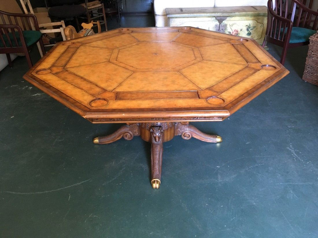 Hand Carved Custom made wood with hand tooled leather: Hand Carved Custom made wood with hand tooled leather Poker table. Ram heads carved into base. This table is amazing. Please see pictures for details. Also has a custom made glass top to protect leath