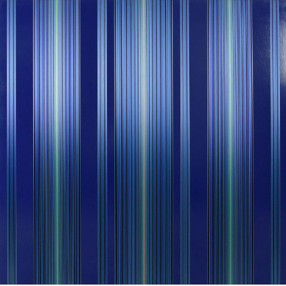 BRIAN WILLS (B.1970) Untitled (Vertical Blue) Oil,: Untitled (Vertical Blue) Oil, rayon, thread and wood 91.4 x 91.4 cm (36 x 36 in.) Executed in 2013 Provenance: Private collection, Los Angeles This lot is under temporary exportation and is subject to