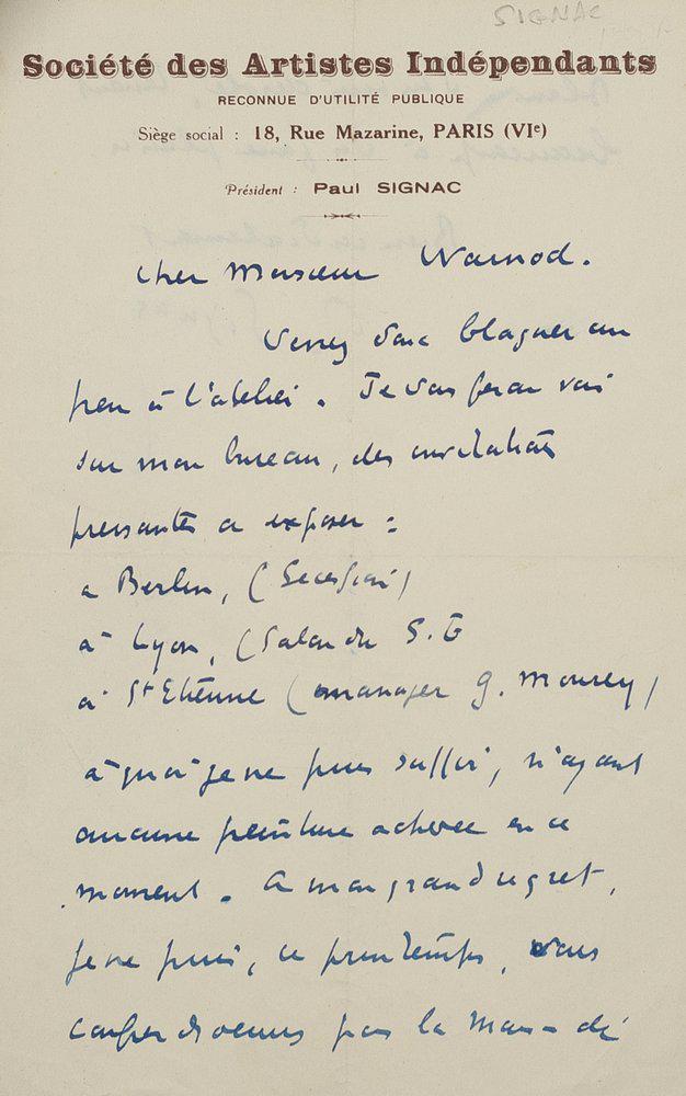 SIGNAC (PAUL). 1863-1935.   Autograph letter signed to (1 of 2)