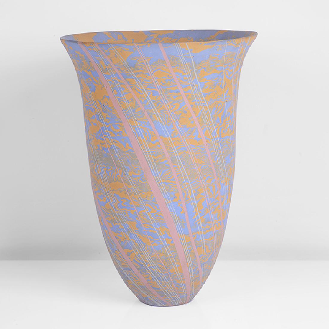 Felicity Aylieff (British, b. 1954): Marbled Vessel Earthenware, blue and yellow marbled clays with pink and pale blue linear inlay, incised signature H 34.3cm, D 24.5cm PROVENANCE: Private Collection, Hampshire