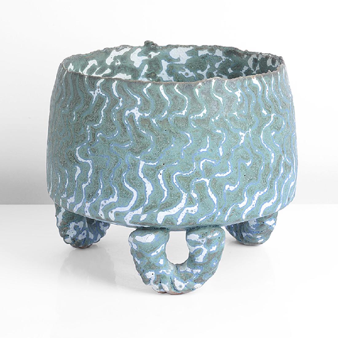 Peter Beard (British, b.1951) Bowl, circa 1980: Peter Beard (British, b.1951) Bowl, circa 1980 Stoneware, green, blue and cream glazes in undulating bands, the bowl with rough textured rim and raised on three looping feet, impressed PFB seal H 14.7
