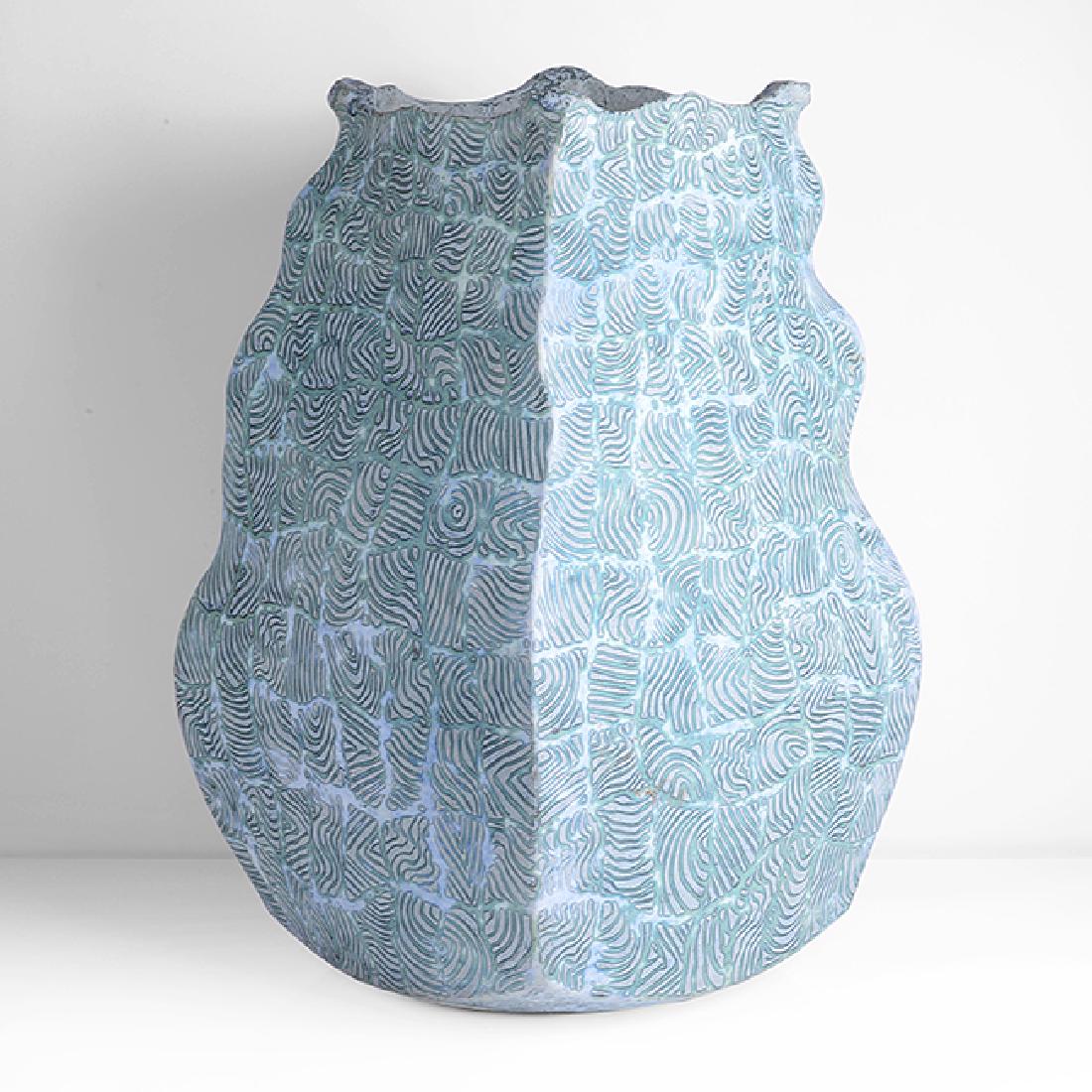 Peter Beard (British, b.1951) Large Wave Pot: Peter Beard (British, b.1951) Large Wave Pot Stoneware, a grid of green and pale blue bands across the undulating surface, tall squared form, impressed PRB and maker's seal H 54.4cm, W 33.9cm, D 33.2c