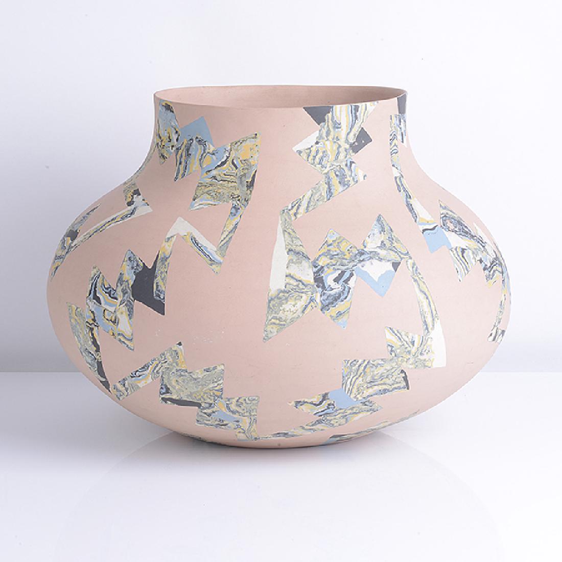 Felicity Aylieff (British, b. 1954) Vessel Form,: Felicity Aylieff (British, b. 1954) Vessel Form, circa 1985 Earthenware, pink rounded oval form with applied zigzag motifs in marbled blue, green, yellow, white and black colours, incised signature H