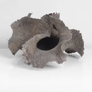 Ursula Morley Price (British, b.1936): Dark Ruffel, 1982 Stoneware, mottled green and dark grey matt glazes, the pinched ruffel rim with broad undulations, raised on a small foot, incised maker's mark Dimensions: H 12.7cm, D 20.0cm Notes: