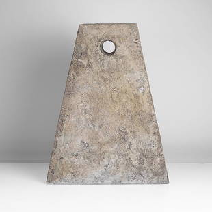 Paul Philp (Britsh, b.1941): Standing Form Stoneware, mottled cream, pale blue and grey glazes to a textures surface, the triangular totemtic form with a pierced hole at the top, impressed maker's seal Dimensions: H 40.6cm, W 31.