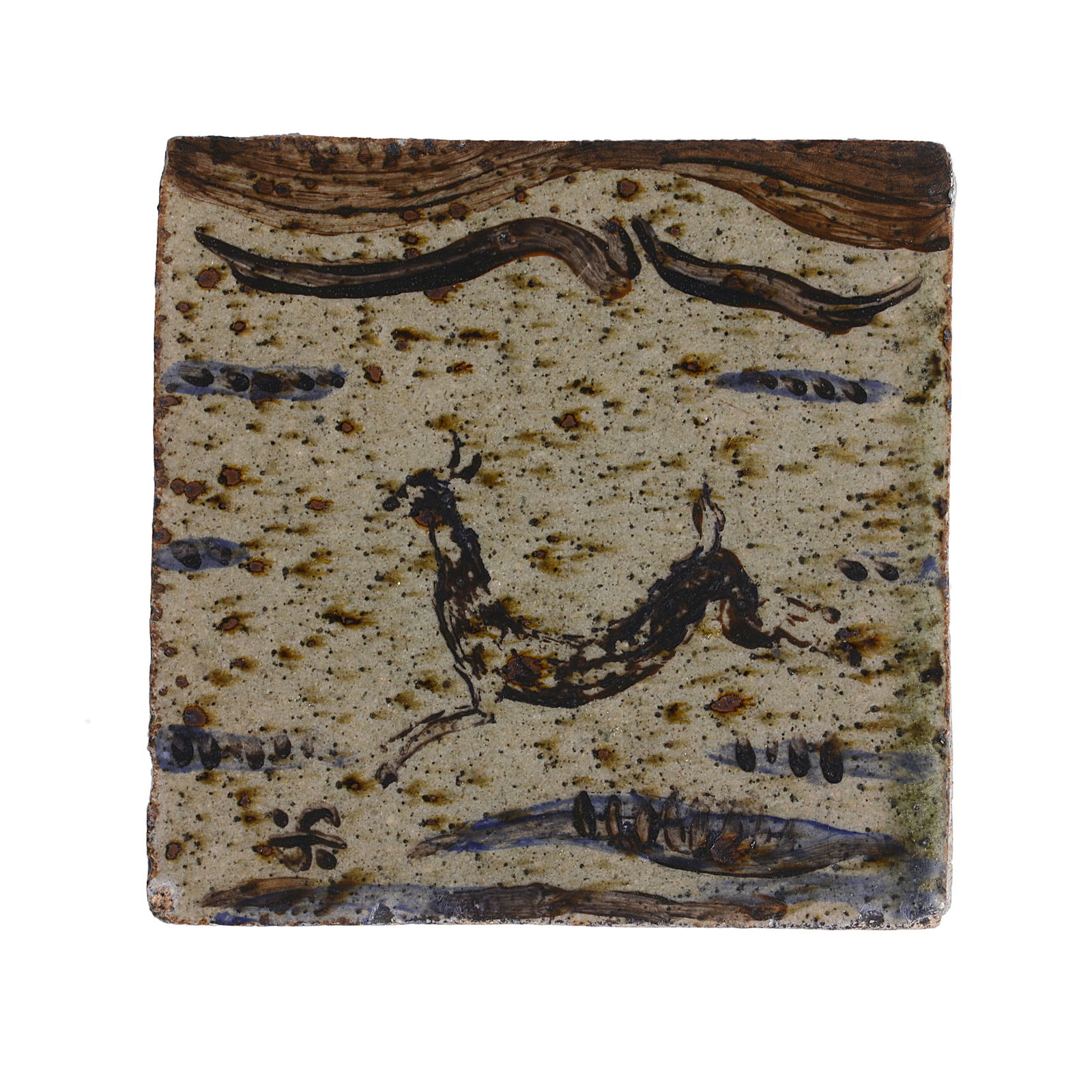 Bernard Leach, attr. (British, 1887-1979): Tile with 'Leaping Deer', circa 1935 Stoneware, pale brown glaze with iron flecks, a painted design of a leaping deer with grasses in iron and cobalt blue, painted Leach Pottery mark and impressed Lea