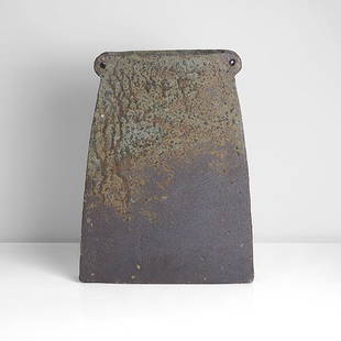 Paul Philp (British, b.1941): Four Lugged Vessel' Stoneware, roughly textured surface with dry dark brown and running mottled green glazes, four pierced lugs to the shoulders, impressed maker's mark Size H 39.8cm, W 29.7cm, D 5.7c