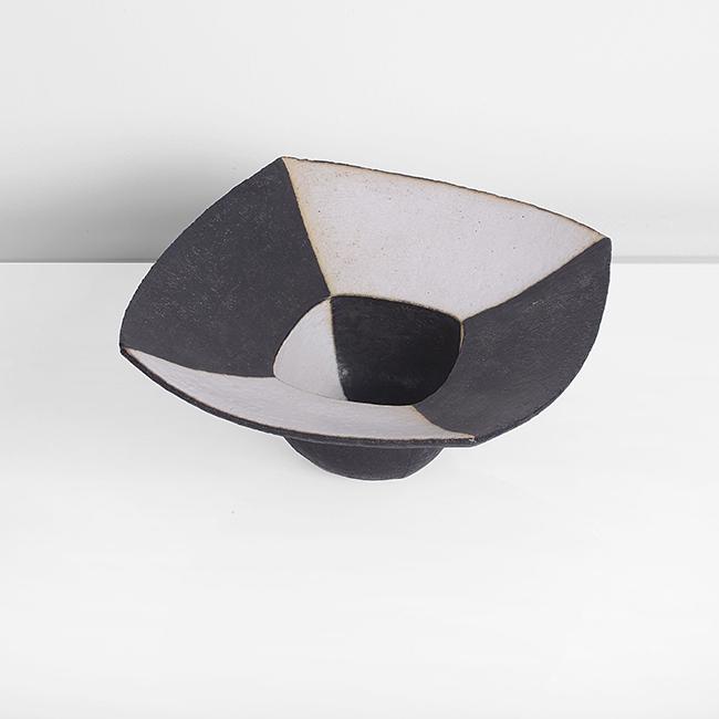 John Ward (British, b. 1938): Bowl with Squared Rim Stoneware, deep well with alternating matt black and white quarters, contrasting with alternating black and white glaze to the flared squared rim, impressed J