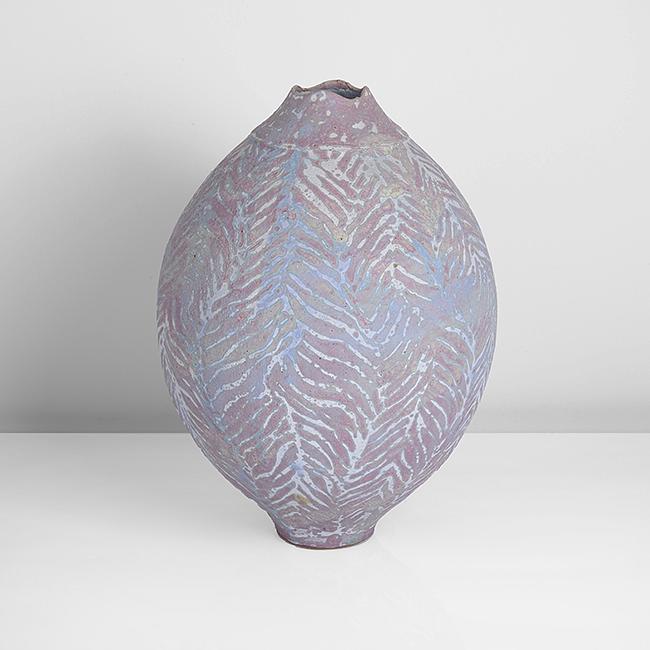 Peter Beard (British, b.1951): Globular Vessel, circa 1990 Stoneware, mottled pink and green glazes beneath and abstract linear design in mottled white and blue glazes, impressed PFB seal