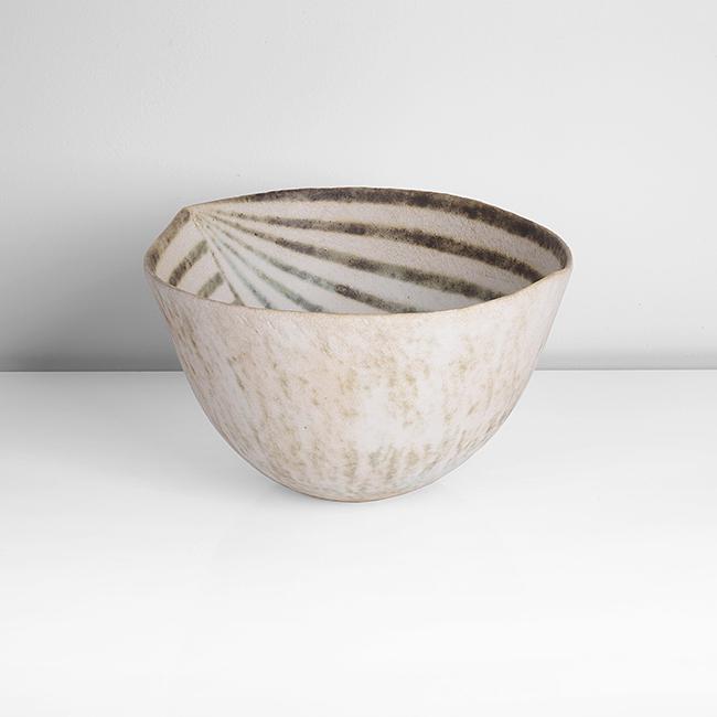 John Ward (British, b.1938): Open Bowl Stoneware, mottled white and green glaze with radiating linear design from each tip on the rim, impressed JW seal H 14.7cm, D 24.6cm PROVENANCE: Private Collection, Wales. Acquired from West