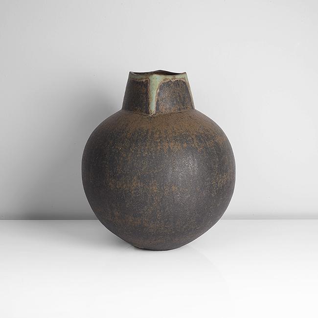 John Ward (British, b.1938): Globular Vessel, circa 1990 Stoneware, dark and pale brown glazes, the squared collar with vivid green glaze running from the rim down to the collar on each corner, impressed JW seal H 31.1cm, D 26.1c