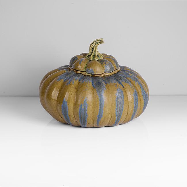 Kate Malone (British, b.1959): Lidded Pumpkin Pot, circa 2008 Stoneware, ochre and green glazes with crystalline blue overlay H 24.6cm, D 33.6cm PROVENANCE: Private Collection, Oxfordshire. Acquired directly from the artist CONDITI