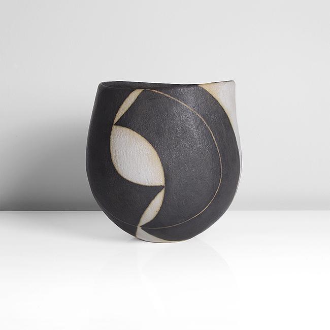 John Ward (British, b.1938): Vessel with Dipped Rim, circa 1990 Stoneware, matt black and white design over a softly textured surface, impressed JW seal Dimensions: 21.4cm D 21.4cm PROVENANCE: Dr John P Driscoll Collection