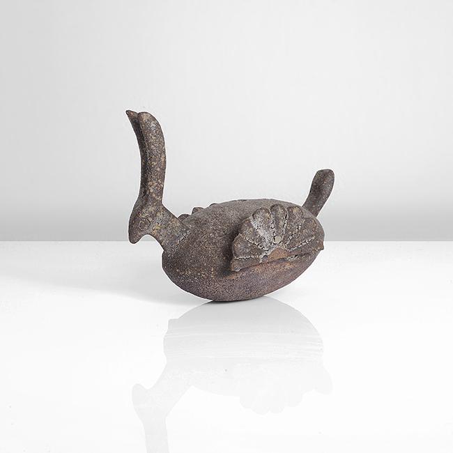 Ian Godfrey (British, 1942-1992): Phoenix Rattle, circa 1974 Stoneware, dry crawling white over brown glazes DIMENSIONS: H 8.6cm, W 10.8cm, D 6.2cm PROVENANCE: Dr John P Driscoll Collection All Bidding & Registration for this auction