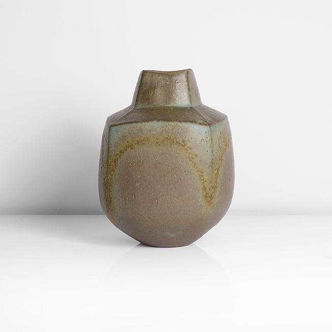 John Ward (British, b. 1938): Small Pot with Squared Collar, circa 1990 Stoneware, olive green, turquoise and rust brown glazes over a softly textured surface, impressed JW seal DIMENSIONS: H 17.3cm, D 14.2cm PROVENANCE: Private C