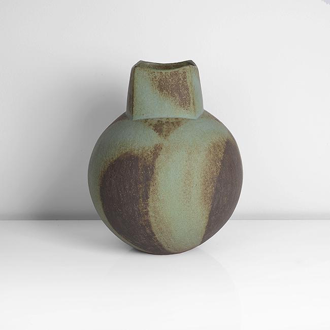 John Ward (British, b. 1938): Globular Pot with Squared Shoulder, 1990 Stoneware, mottled green and brown glazes, dark brown designs around the body, impressed JM seal DIMENSIONS: H 25.8cm, D 21.1cm PROVENANCE: Private Collection,