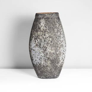 Paul Philp (British, b.1941): Oval Vessel, circa 2016 Stoneware, mottled green, pale blue and grey glazes over a textured and pitted surface, the interior with mottled cream and brown glazes, impressed maker's mark DIMENSIONS: H 4