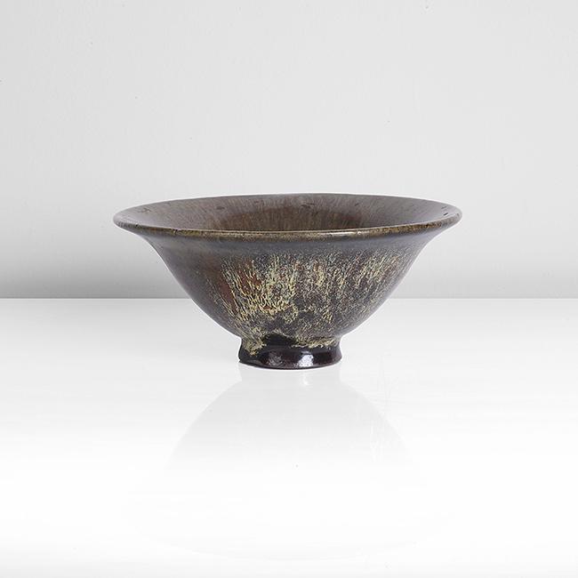 Bernard Leach (British, 1887-1979): Small Bowl, circa 1928 Stoneware, running 'hare's fur' style glaze in layered green, brown and cream, impressed BL and Leach Pottery seals Dimensions: H 6.4cm, D 14.5cm PROVENANCE: Dr John P Driscoll