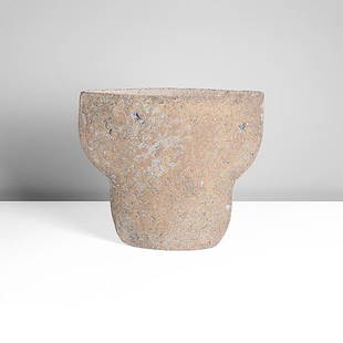 Paul Philp (British, b.1941): Flattened Vessel Stoneware, roughly textured surface with dry pale blue, brown and olive green mottled glazes, impressed maker's mark Dimensions: H 26cm, W 29cm, D 8cm PROVENANCE: Private Collection,