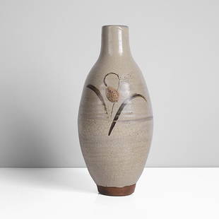 Bernard Leach (British, 1887-1979): Stoneware, grey crackle glaze with a brushed design of a fritillary flower, impressed BL and Leach Pottery seals "All bidding must be placed through the Maak Contemporary Ceramics website. Please